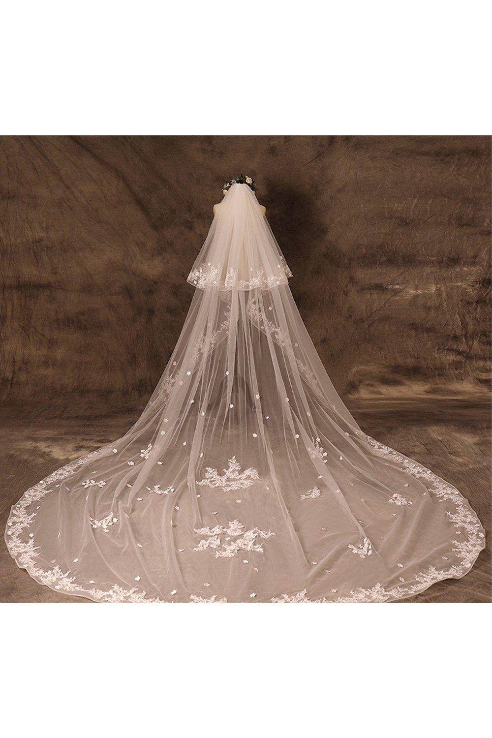 Two-tier Lace Edge Tulle Lace Cathedral Veils with Appliques CV0355 - COCOMELODY